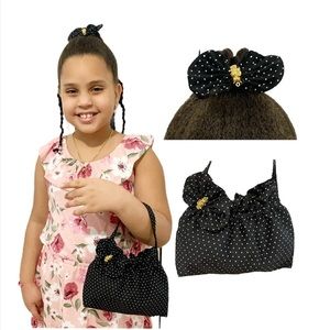 Girls set Black polka dots Tote Bag with Hair bow